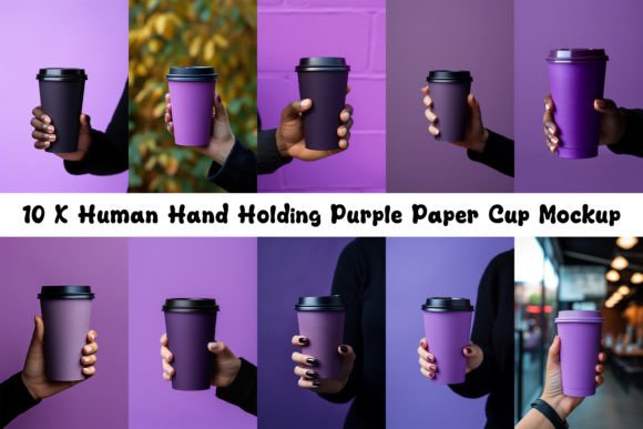10 X Human Hand Holding Purple Paper Cup
